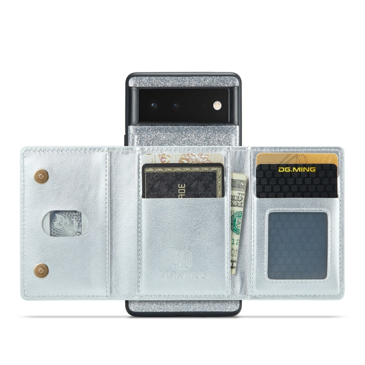 For Google Pixel 6 DG.MING M3 Series Glitter Powder Card Bag Leather Case(Silver) - Google Cases by DG.MING | Online Shopping South Africa | PMC TechLife | Buy Now Pay Later Mobicred