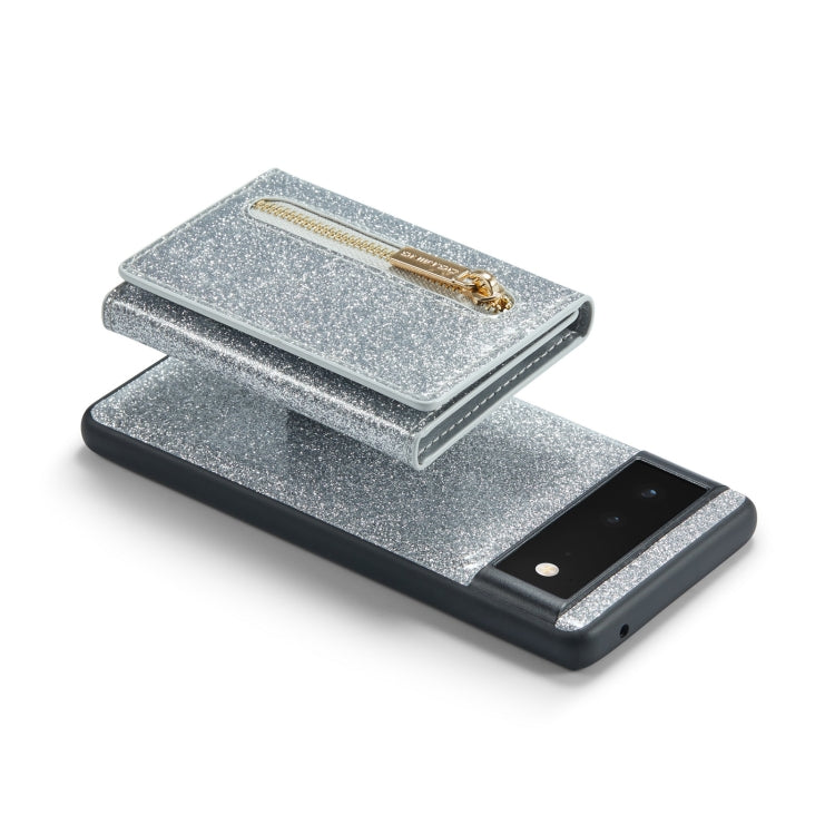 For Google Pixel 6 DG.MING M3 Series Glitter Powder Card Bag Leather Case(Silver) - Google Cases by DG.MING | Online Shopping South Africa | PMC TechLife | Buy Now Pay Later Mobicred