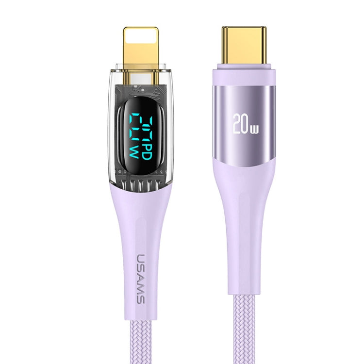 USAMS Type-C to 8 Pin PD20W Aluminum Alloy Transparent Digital Display Fast Charge Data Cable, Cable Length:1.2m(Purple) - 2 in 1 Cable by USAMS | Online Shopping South Africa | PMC Jewellery | Buy Now Pay Later Mobicred