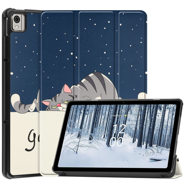 For Nokia T21 Custer Painted 3-Fold Holder Leather Smart Tablet Case(Lazy Cat) - Nokia by PMC TechLife | Online Shopping South Africa | PMC TechLife | Buy Now Pay Later Mobicred