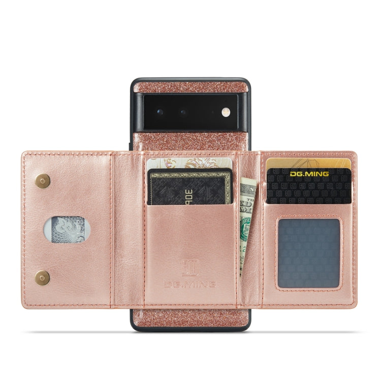 For Google Pixel 6a DG.MING M3 Series Glitter Powder Card Bag Leather Case(Rose Gold) - Google Cases by DG.MING | Online Shopping South Africa | PMC TechLife | Buy Now Pay Later Mobicred