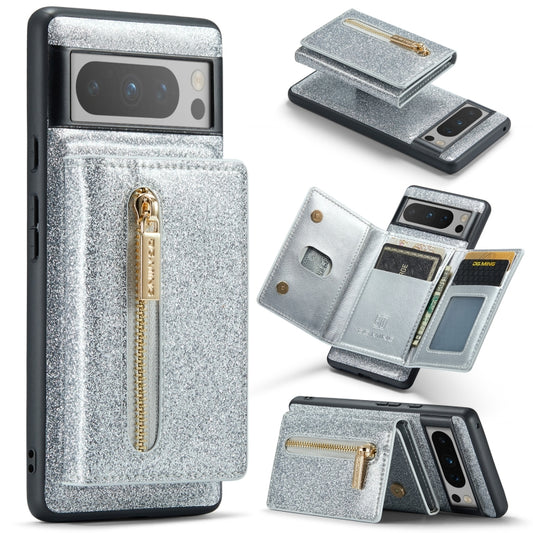 For Google Pixel 8 Pro DG.MING M3 Series Glitter Powder Card Bag Leather Case(Silver) - Google Cases by DG.MING | Online Shopping South Africa | PMC Jewellery | Buy Now Pay Later Mobicred