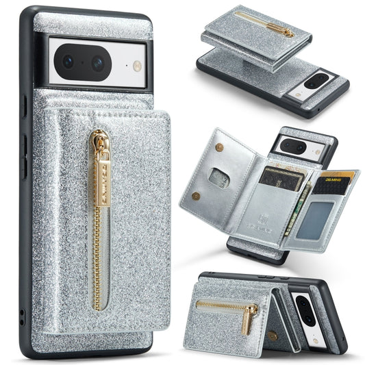 For Google Pixel 8 DG.MING M3 Series Glitter Powder Card Bag Leather Case(Silver) - Google Cases by DG.MING | Online Shopping South Africa | PMC Jewellery | Buy Now Pay Later Mobicred