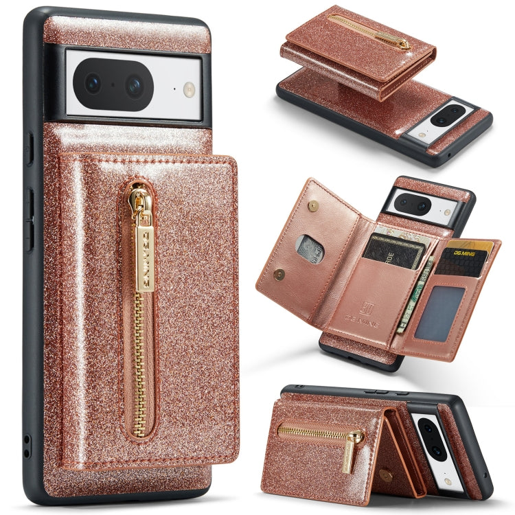 For Google Pixel 8 DG.MING M3 Series Glitter Powder Card Bag Leather Case(Rose Gold) - Google Cases by DG.MING | Online Shopping South Africa | PMC TechLife | Buy Now Pay Later Mobicred