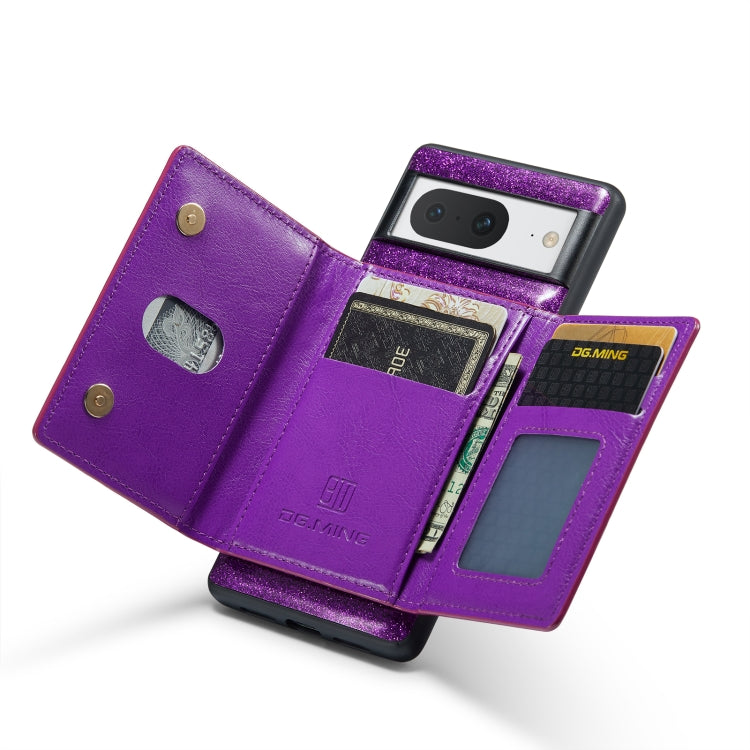 For Google Pixel 8 DG.MING M3 Series Glitter Powder Card Bag Leather Case(Dark Purple) - Google Cases by DG.MING | Online Shopping South Africa | PMC TechLife | Buy Now Pay Later Mobicred