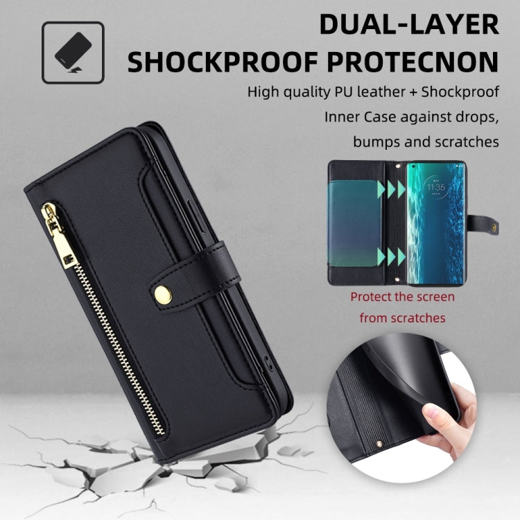 For Motorola Edge Sheep Texture Cross-body Zipper Wallet Leather Phone Case(Black) - Motorola Cases by PMC TechLife | Online Shopping South Africa | PMC TechLife | Buy Now Pay Later Mobicred