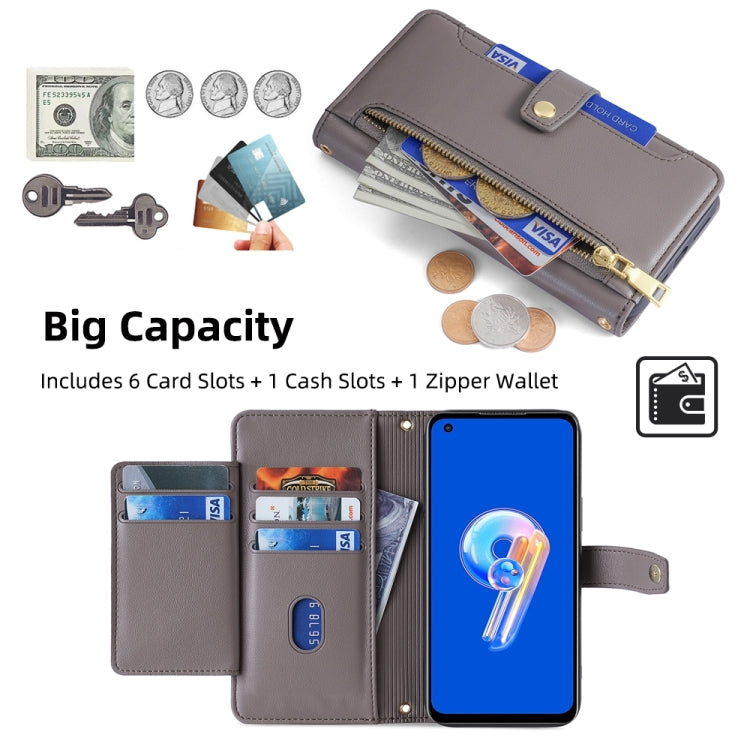 For ASUS Zenfone 9 / Zenfone 9Z Sheep Texture Cross-body Zipper Wallet Leather Phone Case(Grey) - ASUS Cases by PMC TechLife | Online Shopping South Africa | PMC TechLife | Buy Now Pay Later Mobicred