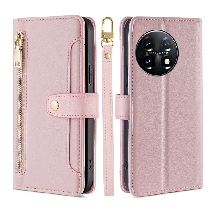 For OnePlus 11 Sheep Texture Cross-body Zipper Wallet Leather Phone Case(Pink) - OnePlus Cases by PMC TechLife | Online Shopping South Africa | PMC TechLife | Buy Now Pay Later Mobicred