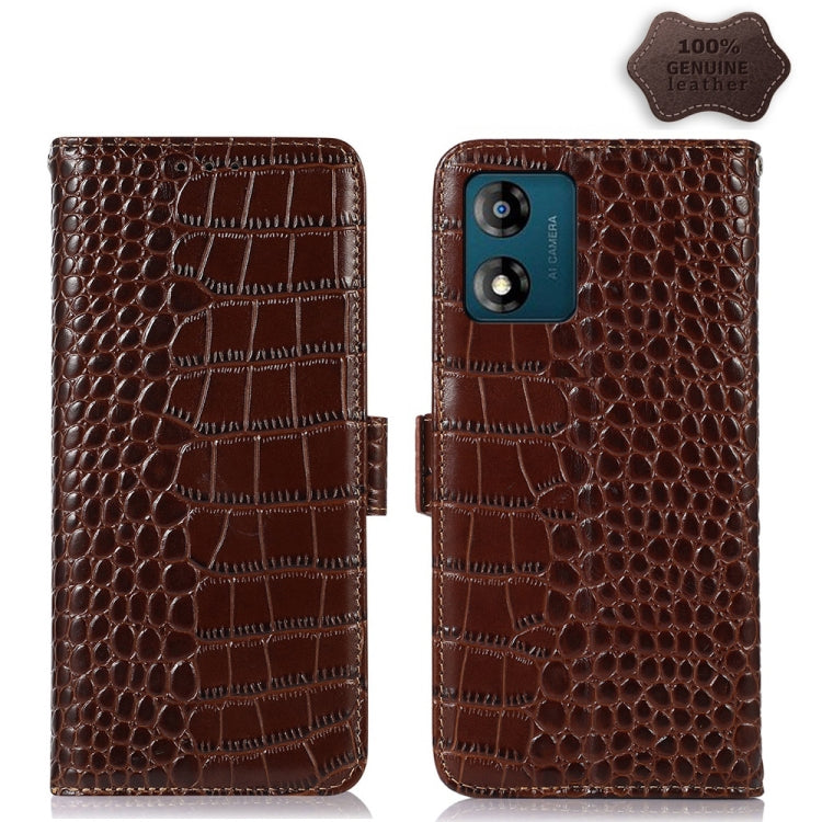 For Motorola Moto E13 4G 2023 Crocodile Top Layer Cowhide RFID Leather Phone Case(Brown) - Motorola Cases by PMC TechLife | Online Shopping South Africa | PMC TechLife | Buy Now Pay Later Mobicred