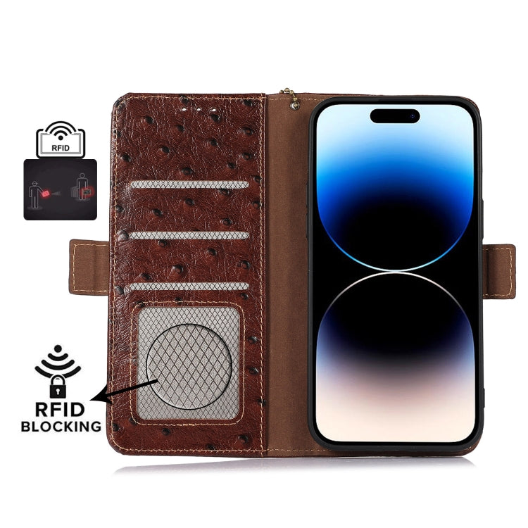 For Motorola Moto E13 4G 2023 Ostrich Pattern Genuine Leather RFID Phone Case(Coffee) - Motorola Cases by PMC TechLife | Online Shopping South Africa | PMC TechLife | Buy Now Pay Later Mobicred
