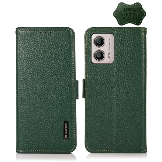 For Motorola Moto G13 / G23 / G53 5G KHAZNEH Side-Magnetic Litchi Genuine Leather RFID Phone Case(Green) - Motorola Cases by PMC Jewellery | Online Shopping South Africa | PMC Jewellery | Buy Now Pay Later Mobicred