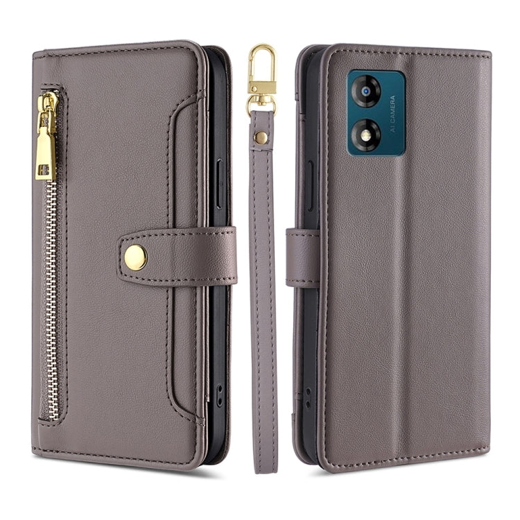 For Motorola Moto E13 4G Sheep Texture Cross-body Zipper Wallet Leather Phone Case(Grey) - Motorola Cases by PMC TechLife | Online Shopping South Africa | PMC TechLife | Buy Now Pay Later Mobicred