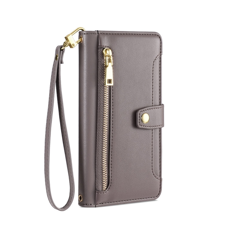 For Motorola Moto E13 4G Sheep Texture Cross-body Zipper Wallet Leather Phone Case(Grey) - Motorola Cases by PMC TechLife | Online Shopping South Africa | PMC TechLife | Buy Now Pay Later Mobicred