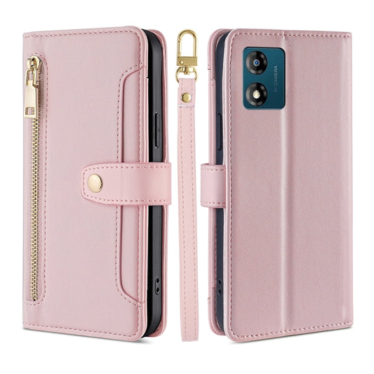 For Motorola Moto E13 4G Sheep Texture Cross-body Zipper Wallet Leather Phone Case(Pink) - Motorola Cases by PMC Jewellery | Online Shopping South Africa | PMC Jewellery | Buy Now Pay Later Mobicred