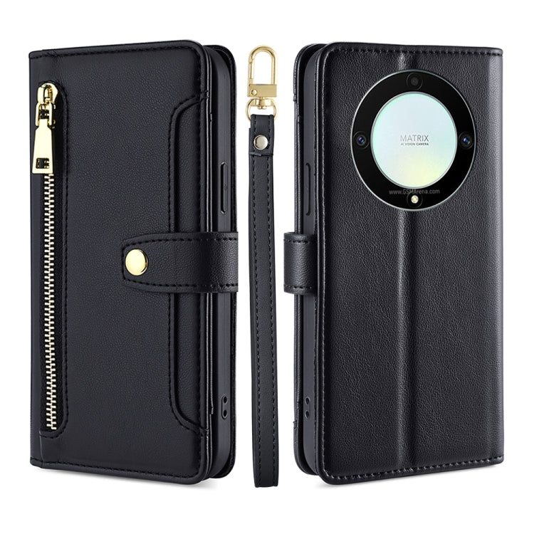 For Honor X9a 5G Sheep Texture Cross-body Zipper Wallet Leather Phone Case(Black) - Honor Cases by PMC TechLife | Online Shopping South Africa | PMC TechLife | Buy Now Pay Later Mobicred