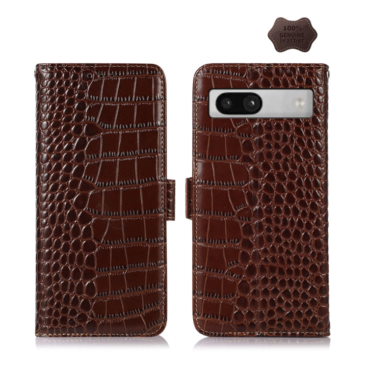 For Google Pixel 7a Crocodile Top Layer Cowhide Leather Phone Case(Brown) - Google Cases by PMC TechLife | Online Shopping South Africa | PMC TechLife | Buy Now Pay Later Mobicred