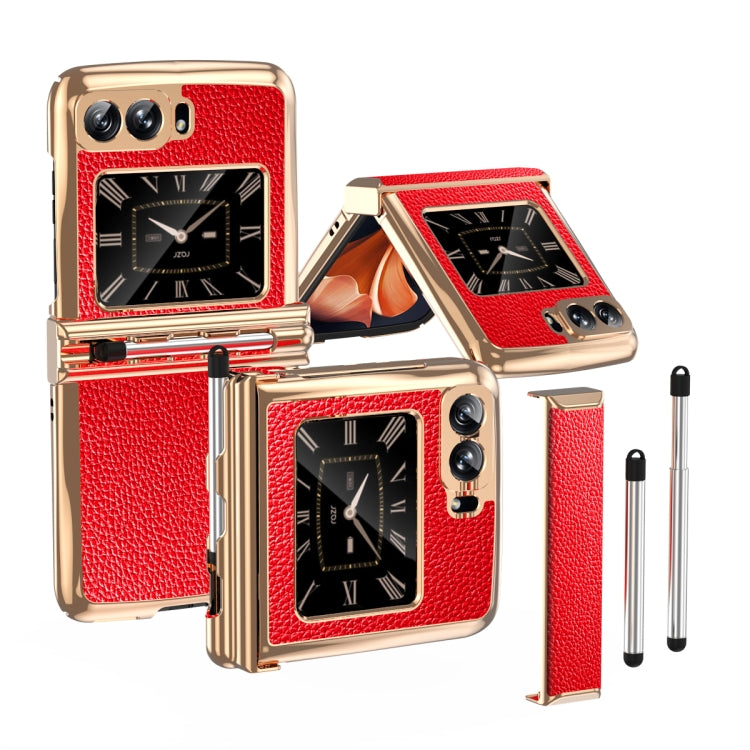 For Motorola Razr 2022 Foldable Electroplated Plain Leather Phone Case with Stylus(Red) - Motorola Cases by PMC TechLife | Online Shopping South Africa | PMC TechLife | Buy Now Pay Later Mobicred