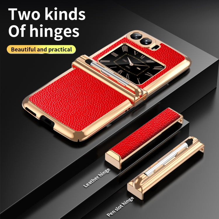For Motorola Razr 2022 Foldable Electroplated Plain Leather Phone Case with Stylus(Red) - Motorola Cases by PMC TechLife | Online Shopping South Africa | PMC TechLife | Buy Now Pay Later Mobicred