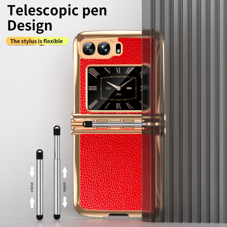 For Motorola Razr 2022 Foldable Electroplated Plain Leather Phone Case with Stylus(Red) - Motorola Cases by PMC TechLife | Online Shopping South Africa | PMC TechLife | Buy Now Pay Later Mobicred