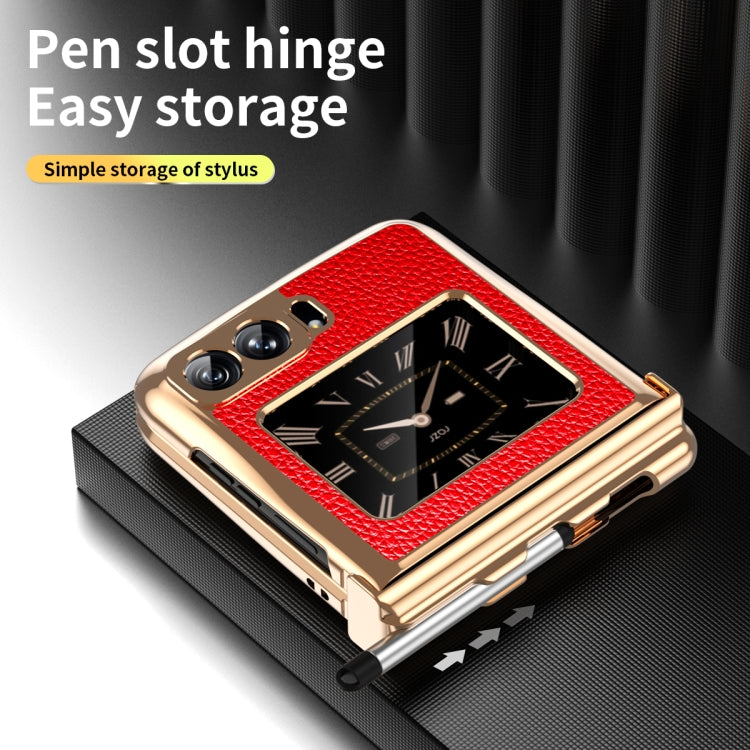 For Motorola Razr 2022 Foldable Electroplated Plain Leather Phone Case with Stylus(Red) - Motorola Cases by PMC TechLife | Online Shopping South Africa | PMC TechLife | Buy Now Pay Later Mobicred