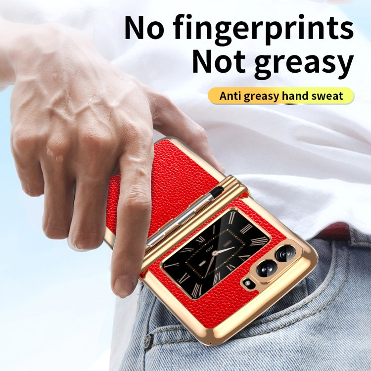 For Motorola Razr 2022 Foldable Electroplated Plain Leather Phone Case with Stylus(Red) - Motorola Cases by PMC TechLife | Online Shopping South Africa | PMC TechLife | Buy Now Pay Later Mobicred