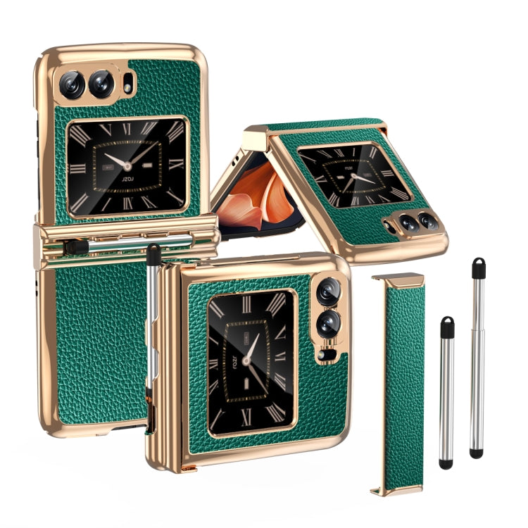 For Motorola Razr 2022 Foldable Electroplated Plain Leather Phone Case with Stylus(Emeralds) - Motorola Cases by PMC TechLife | Online Shopping South Africa | PMC TechLife | Buy Now Pay Later Mobicred