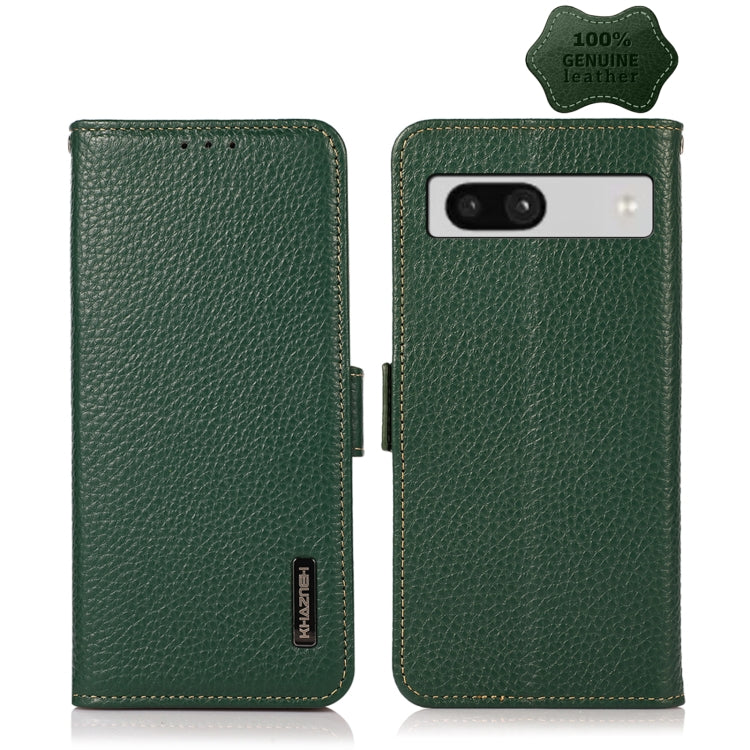 For Google Pixel 7A KHAZNEH Side-Magnetic Litchi Genuine Leather RFID Phone Case(Green) - Google Cases by PMC TechLife | Online Shopping South Africa | PMC TechLife | Buy Now Pay Later Mobicred