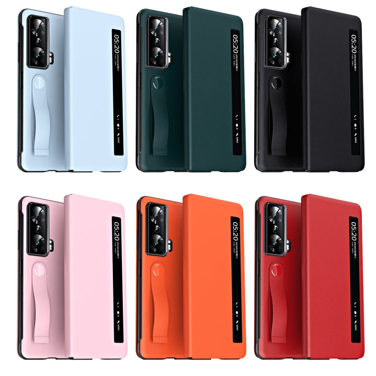 For Honor Magic Vs Side Window View Smart Litchi Pattern Leather Phone Case with Hand Strap(Orange) - Honor Cases by PMC TechLife | Online Shopping South Africa | PMC TechLife | Buy Now Pay Later Mobicred