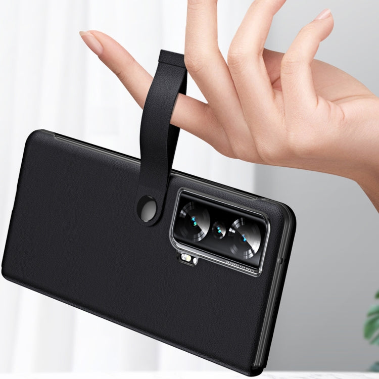 For Honor Magic Vs Side Window View Smart Litchi Pattern Leather Phone Case with Hand Strap(Black) - Honor Cases by PMC TechLife | Online Shopping South Africa | PMC TechLife | Buy Now Pay Later Mobicred