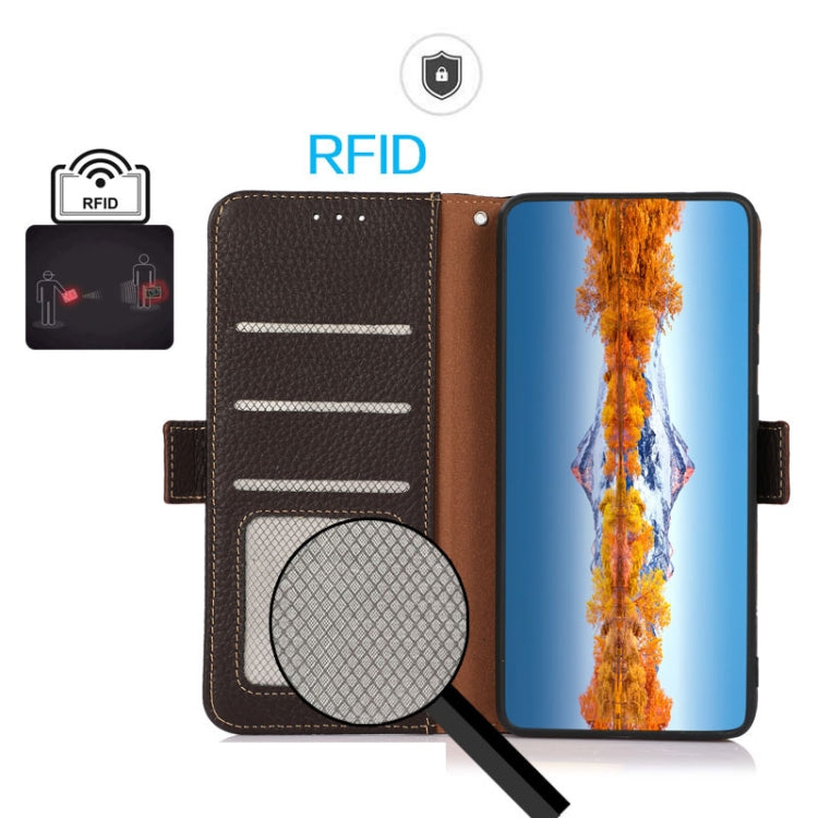 For Google Pixel 8 KHAZNEH Side-Magnetic Litchi Genuine Leather RFID Phone Case(Brown) - Google Cases by PMC TechLife | Online Shopping South Africa | PMC TechLife | Buy Now Pay Later Mobicred