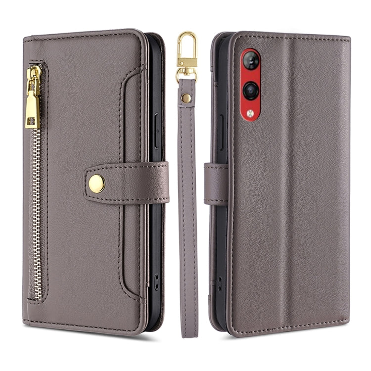 For Rakuten Hand 4G Sheep Texture Cross-body Zipper Wallet Leather Phone Case(Grey) - More Brand by PMC TechLife | Online Shopping South Africa | PMC TechLife | Buy Now Pay Later Mobicred