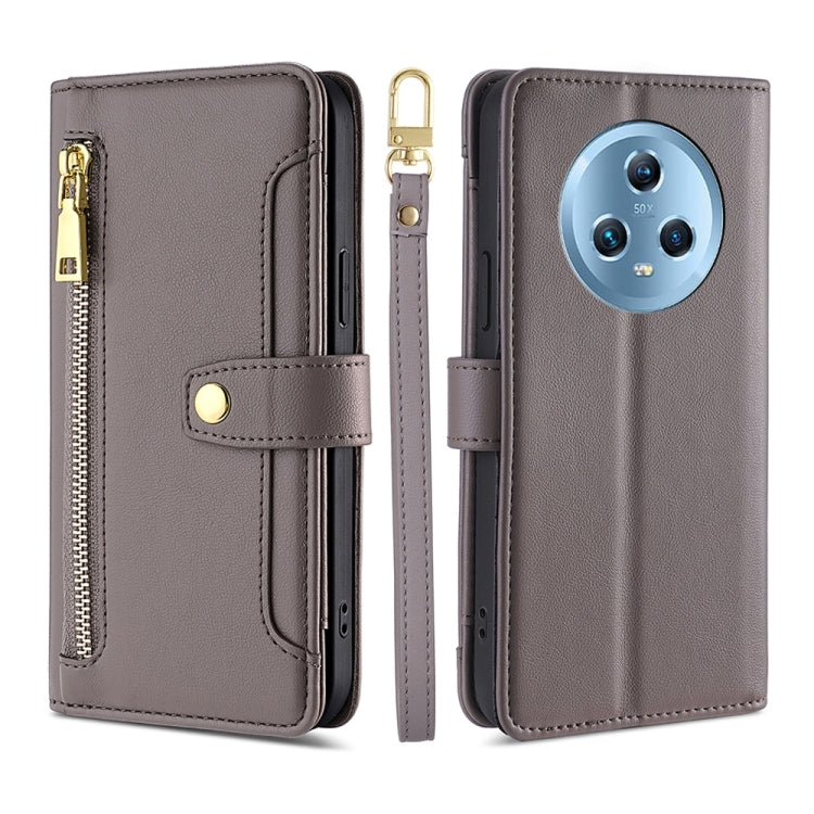 For Honor Magic5 Sheep Texture Cross-body Zipper Wallet Leather Phone Case(Grey) - Honor Cases by PMC TechLife | Online Shopping South Africa | PMC TechLife | Buy Now Pay Later Mobicred