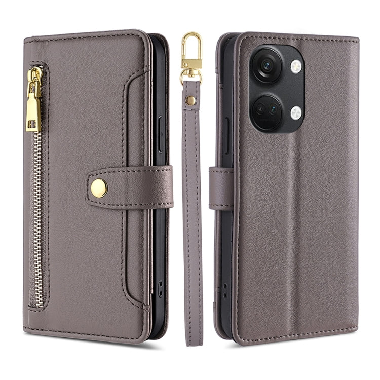 For OnePlus Ace 2V 5G Sheep Texture Cross-body Zipper Wallet Leather Phone Case(Grey) - OnePlus Cases by PMC TechLife | Online Shopping South Africa | PMC TechLife | Buy Now Pay Later Mobicred