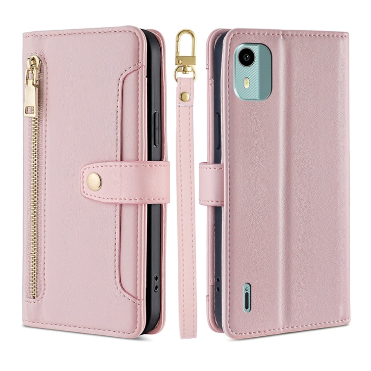 For Nokia C12 Sheep Texture Cross-body Zipper Wallet Leather Phone Case(Pink) - Nokia Cases by PMC TechLife | Online Shopping South Africa | PMC TechLife | Buy Now Pay Later Mobicred
