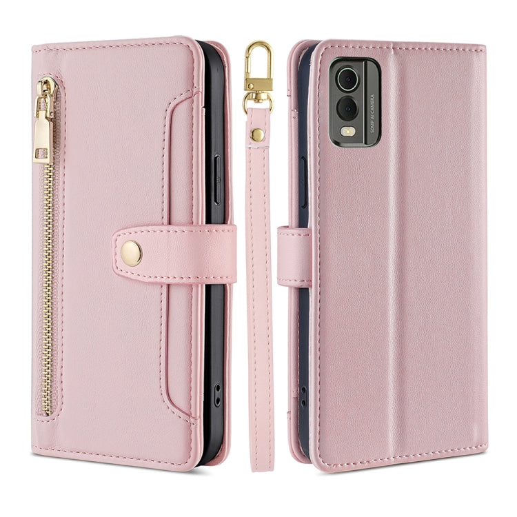 For Nokia C32 Sheep Texture Cross-body Zipper Wallet Leather Phone Case(Pink) - Nokia Cases by PMC TechLife | Online Shopping South Africa | PMC TechLife | Buy Now Pay Later Mobicred