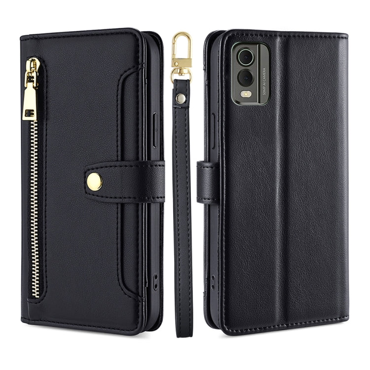 For Nokia C32 Sheep Texture Cross-body Zipper Wallet Leather Phone Case(Black) - Nokia Cases by PMC TechLife | Online Shopping South Africa | PMC TechLife | Buy Now Pay Later Mobicred