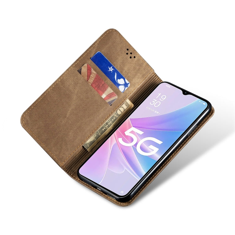 For OPPO A98 5G Denim Texture Casual Style Horizontal Flip Leather Case(Khaki) - OPPO Cases by PMC Jewellery | Online Shopping South Africa | PMC Jewellery