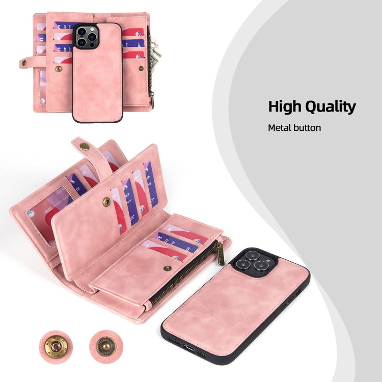 For iPhone 13 Pro Max Zipper Wallet Detachable MagSafe Leather Phone Case(Pink) - iPhone 13 Pro Max Cases by PMC TechLife | Online Shopping South Africa | PMC TechLife