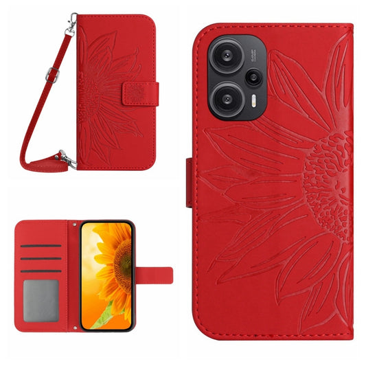 For Xiaomi Poco F5 Skin Feel Sun Flower Embossed Flip Leather Phone Case with Lanyard(Red) - Xiaomi Cases by PMC Jewellery | Online Shopping South Africa | PMC Jewellery | Buy Now Pay Later Mobicred