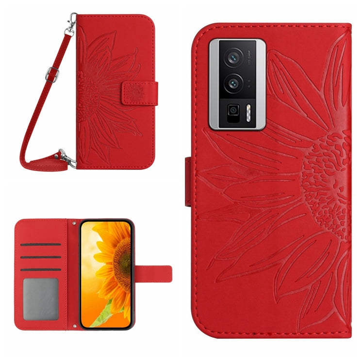 For Xiaomi Poco F5 Pro Skin Feel Sun Flower Embossed Flip Leather Phone Case with Lanyard(Red) - Xiaomi Cases by PMC Jewellery | Online Shopping South Africa | PMC Jewellery | Buy Now Pay Later Mobicred