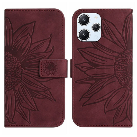 For Xiaomi Redmi 12 4G Global Skin Feel Sun Flower Embossed Flip Leather Phone Case with Lanyard(Wine Red) - Xiaomi Cases by PMC Jewellery | Online Shopping South Africa | PMC Jewellery | Buy Now Pay Later Mobicred