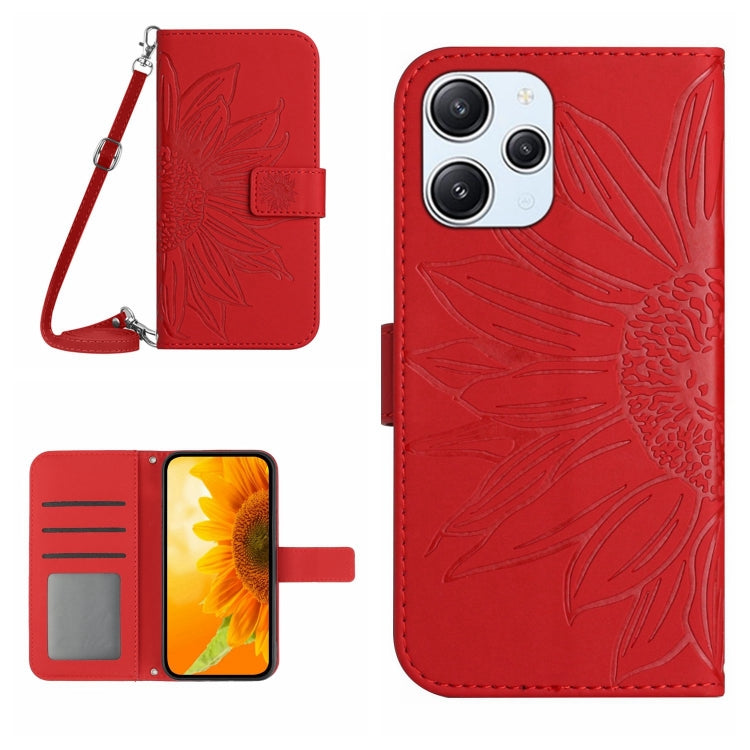 For Xiaomi Redmi 12 4G Global Skin Feel Sun Flower Embossed Flip Leather Phone Case with Lanyard(Red) - Xiaomi Cases by PMC Jewellery | Online Shopping South Africa | PMC Jewellery | Buy Now Pay Later Mobicred