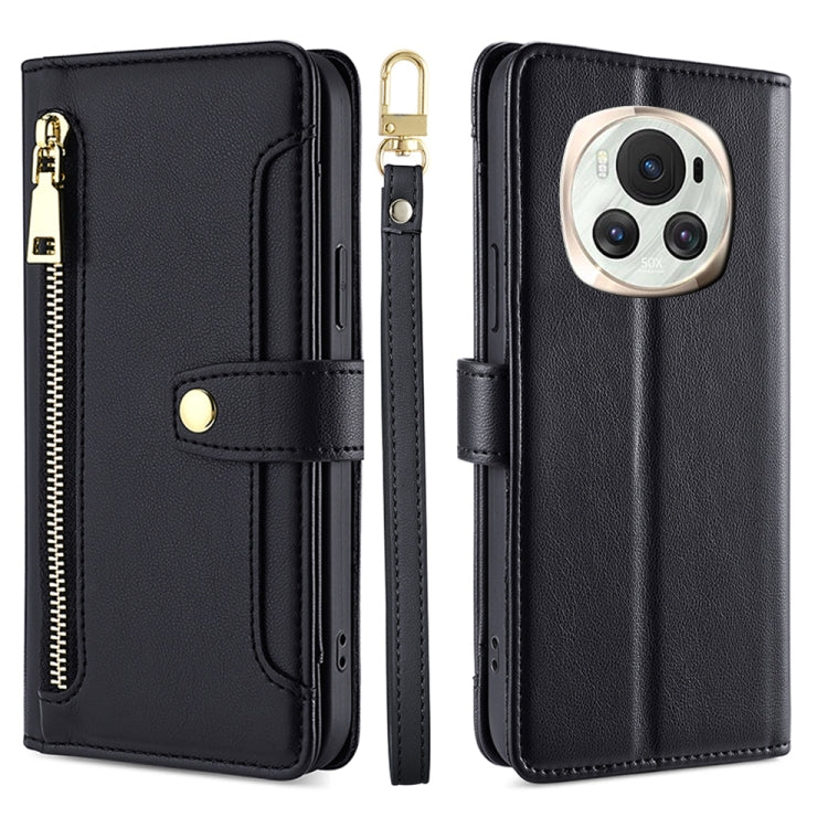 For Honor Magic6 5G Sheep Texture Cross-body Zipper Wallet Leather Phone Case(Black) - Honor Cases by PMC TechLife | Online Shopping South Africa | PMC TechLife | Buy Now Pay Later Mobicred
