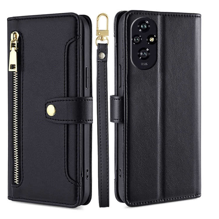 For Honor 200 5G Sheep Texture Cross-body Zipper Wallet Leather Phone Case(Black) - Honor Cases by PMC TechLife | Online Shopping South Africa | PMC TechLife | Buy Now Pay Later Mobicred