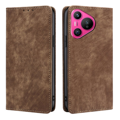 For Huawei Pura 70 RFID Anti-theft Brush Magnetic Leather Phone Case(Brown) - Huawei Cases by PMC Jewellery | Online Shopping South Africa | PMC Jewellery | Buy Now Pay Later Mobicred