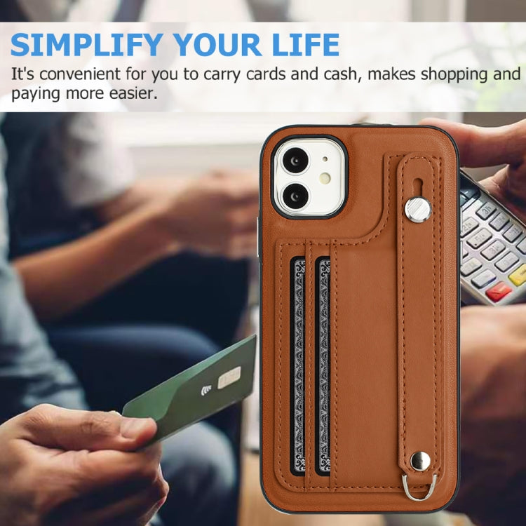 For iPhone 11 Shockproof Leather Phone Case with Wrist Strap(Brown) - iPhone 11 Cases by PMC TechLife | Online Shopping South Africa | PMC TechLife | Buy Now Pay Later Mobicred