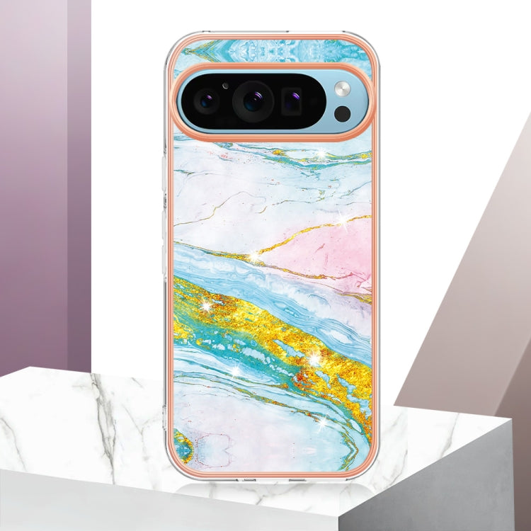 For Google Pixel 9 / 9 Pro Electroplating Marble Dual-side IMD Phone Case(Green 004) - Google Cases by PMC TechLife | Online Shopping South Africa | PMC TechLife | Buy Now Pay Later Mobicred