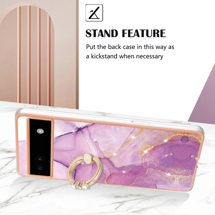 For Google Pixel 6a Electroplating Marble IMD TPU Phone Case with Ring Holder(Purple 001) - Google Cases by PMC TechLife | Online Shopping South Africa | PMC TechLife
