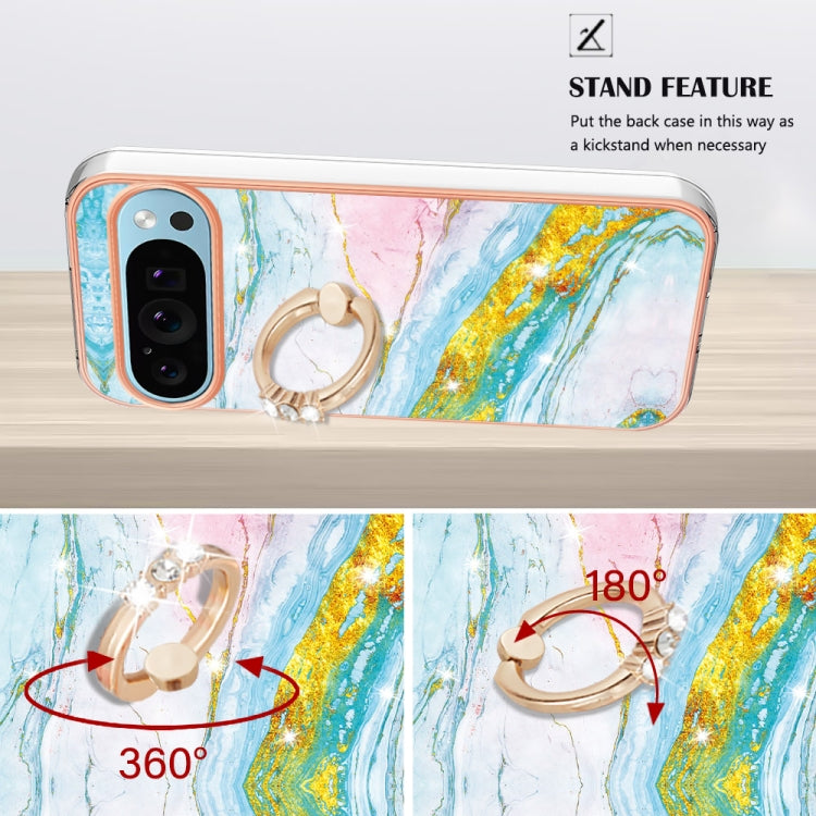 For Google Pixel 9 / 9 Pro Electroplating Marble IMD TPU Phone Case with Ring Holder(Green 004) - Google Cases by PMC TechLife | Online Shopping South Africa | PMC TechLife | Buy Now Pay Later Mobicred