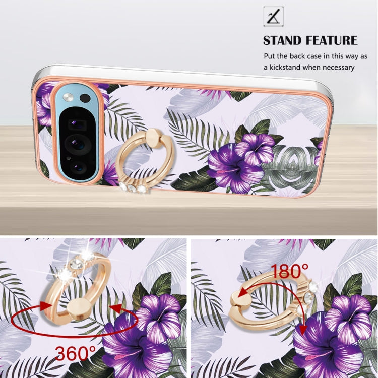 For Google Pixel 9 / 9 Pro Electroplating IMD TPU Phone Case with Ring(Purple Flower) - Google Cases by PMC TechLife | Online Shopping South Africa | PMC TechLife | Buy Now Pay Later Mobicred